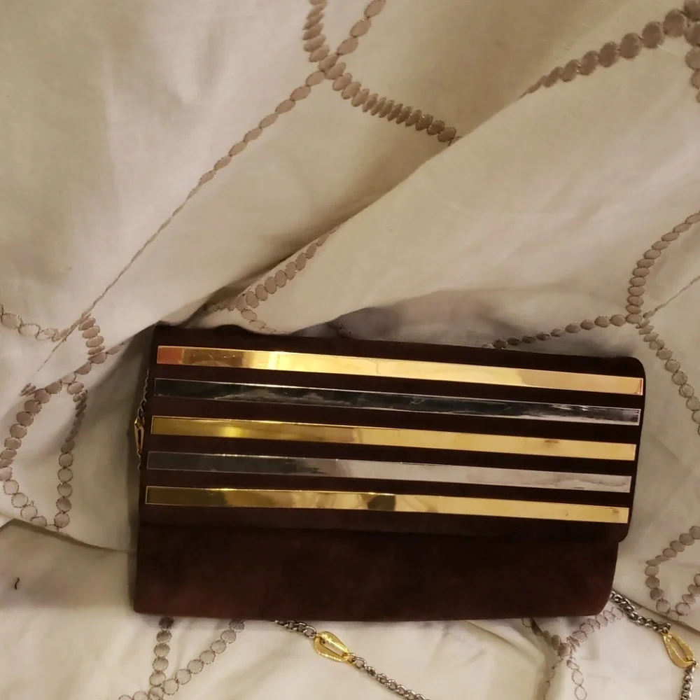 Lord & Taylor Brown Clutch with Gold Striped Accent